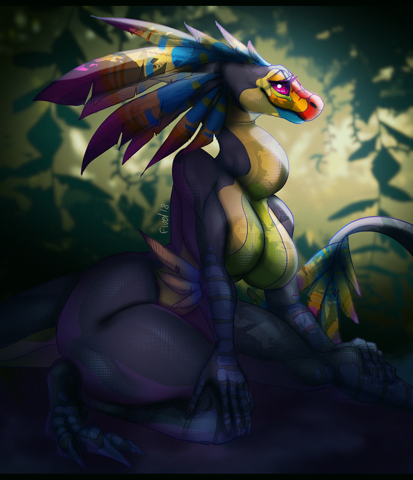 2018 5_fingers anthro big_breasts black_bars breasts detailed_background digital_media_(artwork) featureless_breasts female fivel nude purple_eyes quetzalcoatl reptile scalie smile snake solo thick_thighs