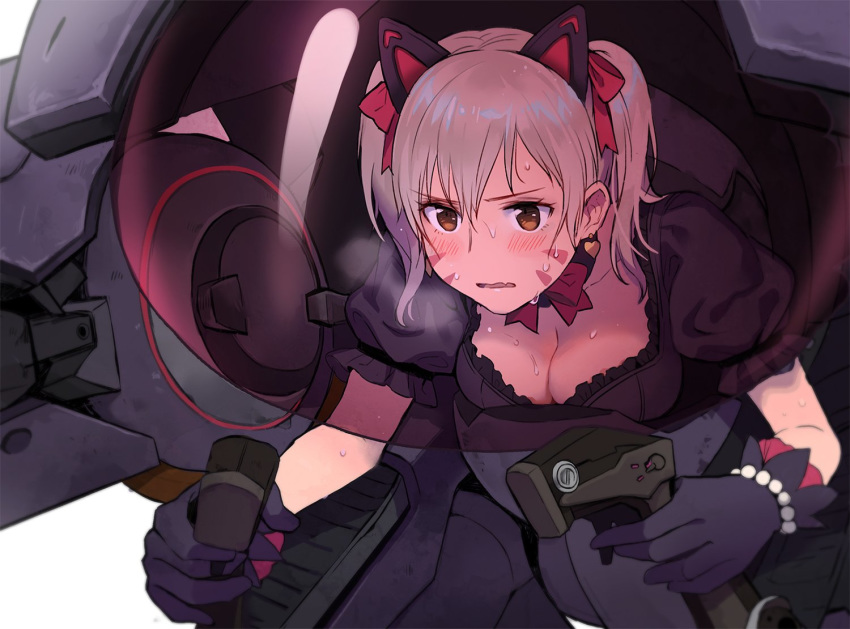 animal_ears black_cat_d.va black_gloves blush breasts breath brown_eyes cat_ears cleavage commentary_request d.va_(overwatch) earrings facial_mark fake_animal_ears fang finger_on_trigger gloves grey_hair hair_ornament heart heart_earrings heavy_breathing jewelry large_breasts lino_chang overwatch parted_lips riding short_twintails solo sweat twintails