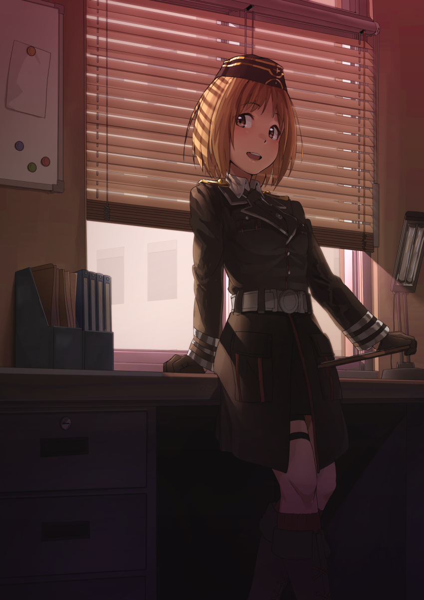 belt boots chinese_commentary commentary_request desk girls_frontline gloves hat highres lamp light_rays looking_at_viewer magnet military military_hat military_uniform mp40_(girls_frontline) necktie office open_mouth short_hair smile standing sunbeam sunlight triangle_bullet uniform whiteboard window