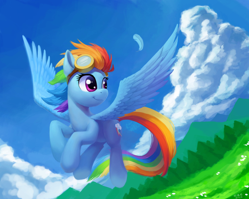 2017 absurd_res blue_feathers cloud cute cutie_mark draconidsmxz equine eyelashes eyewear feathered_wings feathers female feral field flying friendship_is_magic goggles hair hi_res hooves loose_feather mammal mountain multicolored_hair my_little_pony nude outside pegasus portrait purple_eyes rainbow_dash_(mlp) rainbow_hair sky smile solo spread_wings wings
