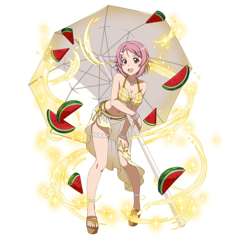 :d absurdres bangs breasts cleavage collarbone food fruit full_body hair_ornament hairclip hand_on_lap highres jewelry leaning_forward lisbeth lisbeth_(sao-alo) looking_at_viewer medium_breasts navel necklace official_art open_mouth parasol parted_bangs pink_eyes pink_hair pointy_ears sarong short_hair simple_background smile solo standing sword_art_online sword_art_online:_code_register thigh_strap umbrella watermelon white_background yellow_bikini_top