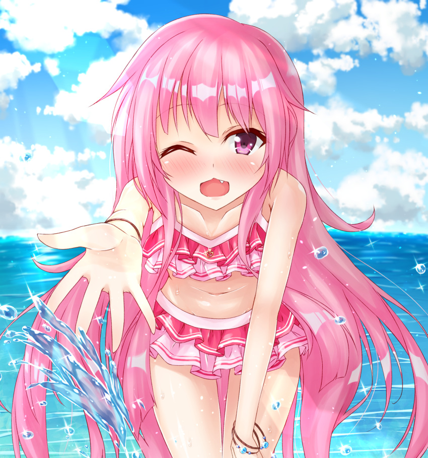 absurdres bangs bent_over bikini blush breasts cloud cloudy_sky collarbone commentary_request day fang flower_knight_girl frilled_bikini frills hanamomo_(flower_knight_girl) highres long_hair looking_at_viewer navel ocean one_eye_closed open_mouth pink_hair reaching_out red_eyes rikuyan_(rikuyan_kst) sky small_breasts solo sunlight swimsuit water_drop