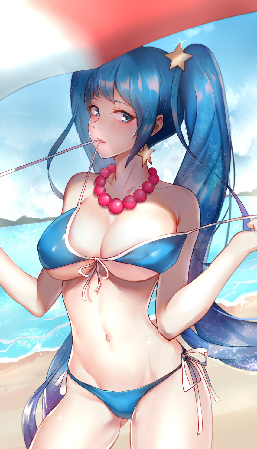 absurdres arcade_sona beach bead_necklace beads bikini bikini_in_mouth blue_bikini blue_eyes blue_hair breasts cleavage cowboy_shot day dymao earrings hair_ornament highres jewelry large_breasts league_of_legends lips long_hair looking_to_the_side mouth_hold navel necklace ocean outdoors seductive_smile side-tie_bikini sky smile solo sona_buvelle star star_earrings star_hair_ornament swimsuit twintails underboob untied untied_bikini very_long_hair