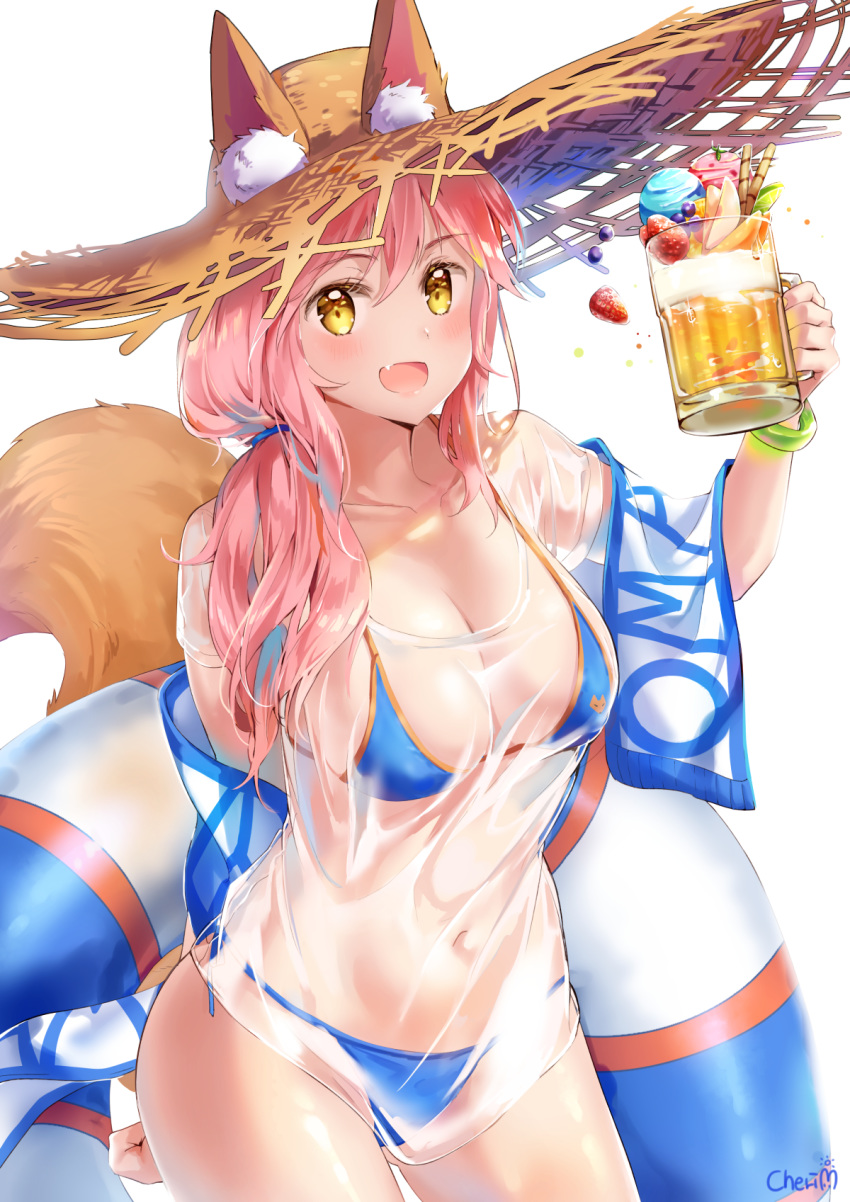 :d animal_ear_fluff animal_ears arm_behind_back ass_visible_through_thighs beer_mug bikini blue_bikini bracelet breasts cherim cleavage contrapposto cowboy_shot fang fate/grand_order fate_(series) fox_ears fox_tail hair_ornament hair_over_shoulder hat highres innertube jewelry long_hair looking_at_viewer low_ponytail navel open_mouth pink_hair see-through shirt side-tie_bikini smile solo standing straw_hat sun_hat swimsuit t-shirt tail tamamo_(fate)_(all) tamamo_no_mae_(swimsuit_lancer)_(fate) yellow_eyes