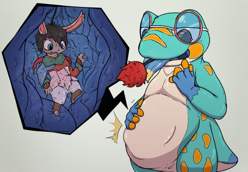 3_fingers abdominal_bulge ambiguous_gender amphibian black_hair blue_eyes clothing digital_media_(artwork) eyewear featureless_crotch final_fantasy frog glasses hair honezika427 internal male mammal micro moogle open_mouth oral_vore rich simple_background size_difference square_enix video_games vore