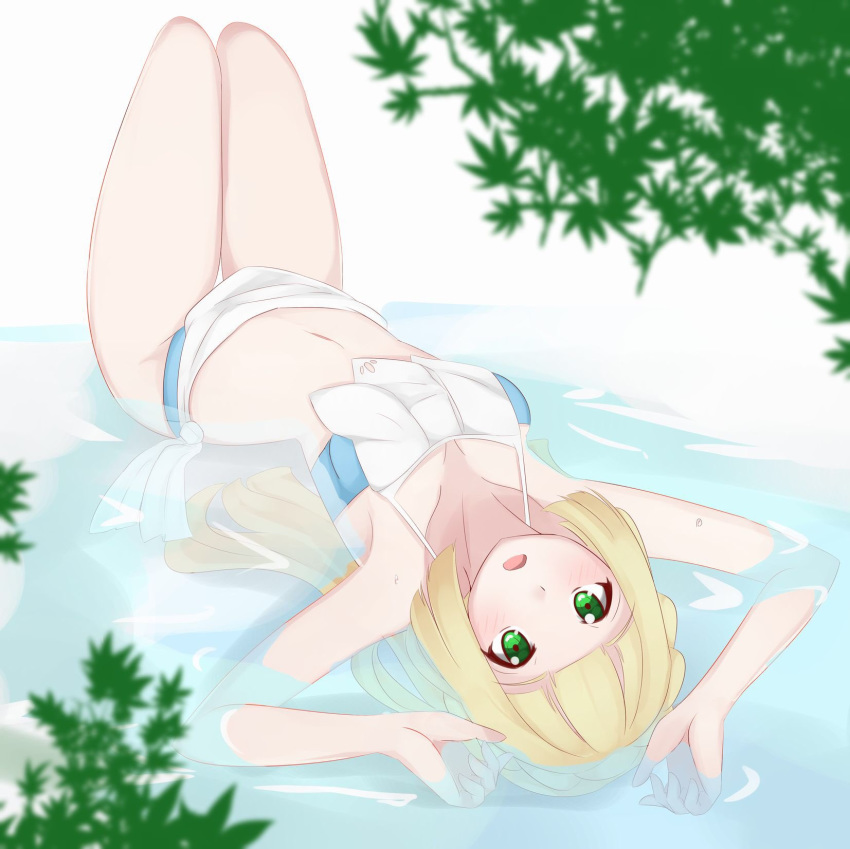 :o arms_up bad_leg bangs bikini blonde_hair blue_bikini blunt_bangs green_eyes highres knees_up ko_to_tsuki lillie_(pokemon) long_hair looking_at_viewer lying navel on_back pokemon pokemon_(anime) pokemon_(game) pokemon_sm pokemon_sm_(anime) solo swimsuit water