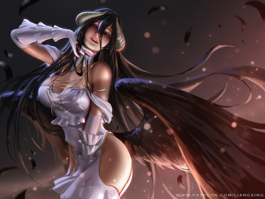 albedo black_hair black_wings demon_horns detached_collar dress elbow_gloves feathered_wings gloves hair_between_eyes hip_vent horns liang_xing lips long_hair looking_at_viewer low_wings overlord_(maruyama) parted_lips patreon_username solo watermark web_address white_dress white_gloves wings yellow_eyes