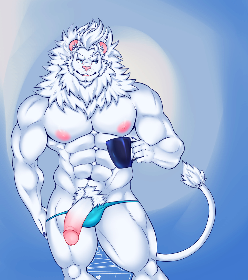 2018 abs absurd_res anthro big_muscles body_hair clothed clothing cup feline flaccid glans grumpyfloof hi_res humanoid_penis light_theme lion looking_aside male mammal mane muscular muscular_male partially_clothed pecs penis pubes smile solo standing thong white_lion