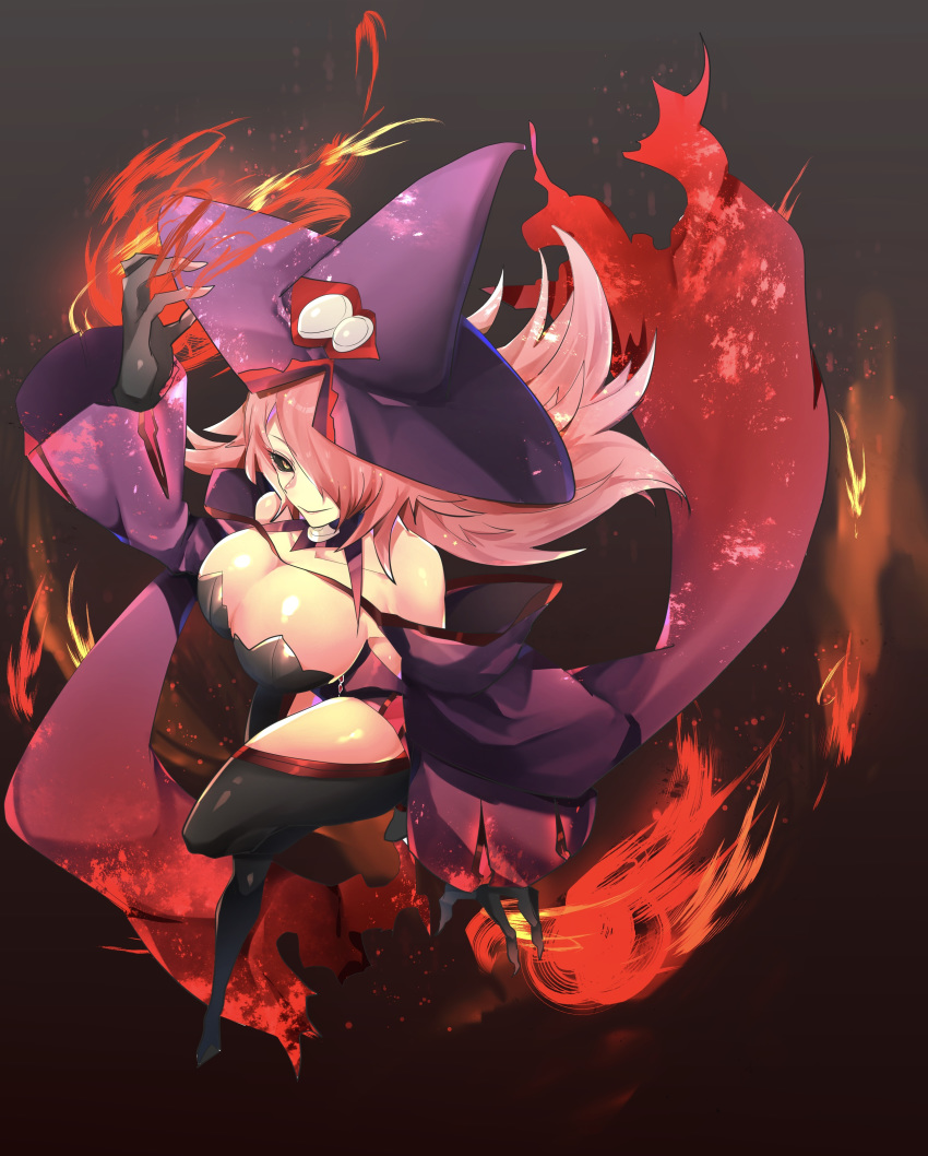 1girl arc_system_works bare_shoulders black_sclera blazblue blazblue:_central_fiction breasts cleavage detached_sleeves dress gloves hair_over_one_eye hat konoe_a_mercury large_breasts long_hair looking_at_viewer pink_hair short_dress smile solo thighhighs very_long_hair witch_hat yellow_eyes