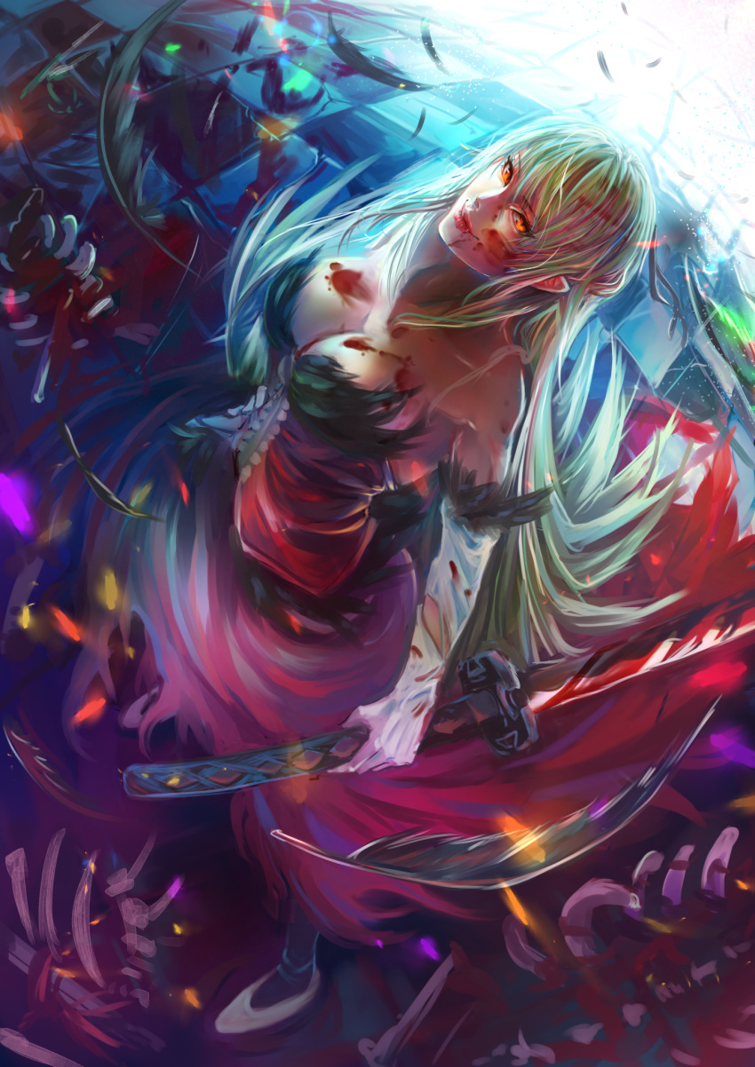alnicoism bare_shoulders blonde_hair blood blood_on_breasts blood_on_face bloody_hands breasts cleavage commentary dress elbow_gloves feathers from_above fur_trim gloves glowing glowing_eyes highres holding holding_sword holding_weapon kiss-shot_acerola-orion_heart-under-blade large_breasts long_hair monogatari_(series) older pointy_ears red_dress reverse_grip strapless strapless_dress sword tile_floor tiles vampire very_long_hair weapon yellow_eyes