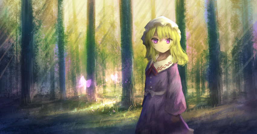 :o arms_at_sides blonde_hair bug butterfly cowboy_shot day dress expressionless forest grass hair_between_eyes hat highres insect lanreta light_particles long_sleeves looking_at_viewer maribel_hearn medium_hair mob_cap nature outdoors purple_dress purple_eyes red_neckwear red_ribbon ribbon solo touhou wide_sleeves