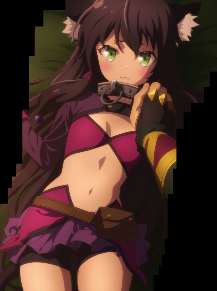 1girl animal_ears black_hair breasts collar female green_eyes isekai_maou_to_shoukan_shoujo_dorei_majutsu long_hair looking_at_viewer midriff navel parted_lips rem_galleu screencap small_breasts solo_focus stitched third-party_edit
