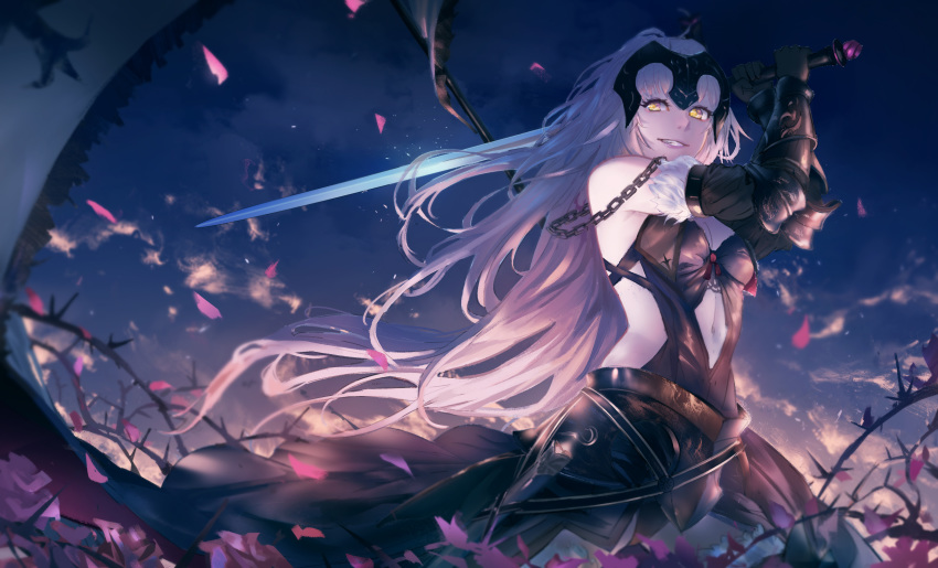 absurdres armor armored_dress arms_up attack bangs banner bare_shoulders black_armor black_cape black_dress black_gloves blurry breasts cape chain cloud collarbone depth_of_field dress elbow_gloves evening falling_petals fate/grand_order fate_(series) faulds floating_hair fringe_trim from_below fur-trimmed_gloves fur_trim gloves grey_hair grin harng1239 headpiece highres holding holding_sword holding_weapon jeanne_d'arc_(alter)_(fate) jeanne_d'arc_(fate)_(all) long_hair looking_at_viewer looking_down navel_cutout pale_skin petals sky small_breasts smile smirk solo standing strapless strapless_dress sword thorns two-handed vambraces very_long_hair waist_cape weapon wind yellow_eyes