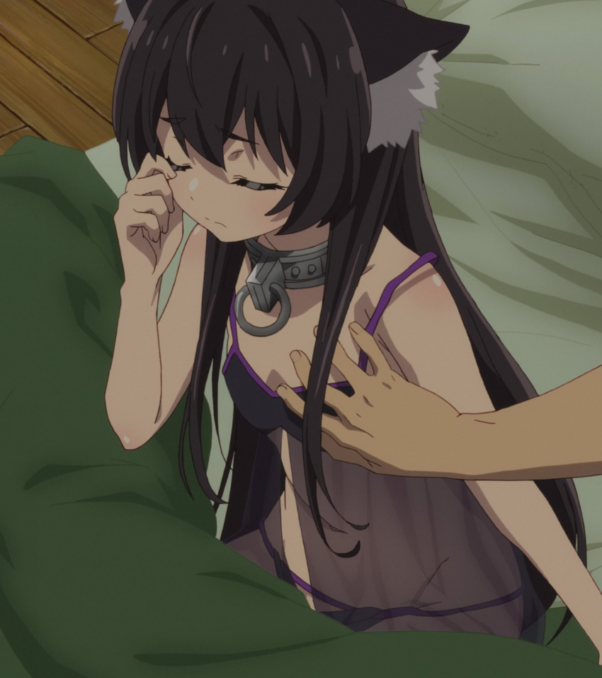 1girl animal_ears bed black_hair breast_grab breasts closed_mouth collar eyes_closed female from_above grabbing isekai_maou_to_shoukan_shoujo_dorei_majutsu long_hair midriff navel on_bed pillow rem_galleu screencap see-through small_breasts solo_focus stitched third-party_edit wooden_floor