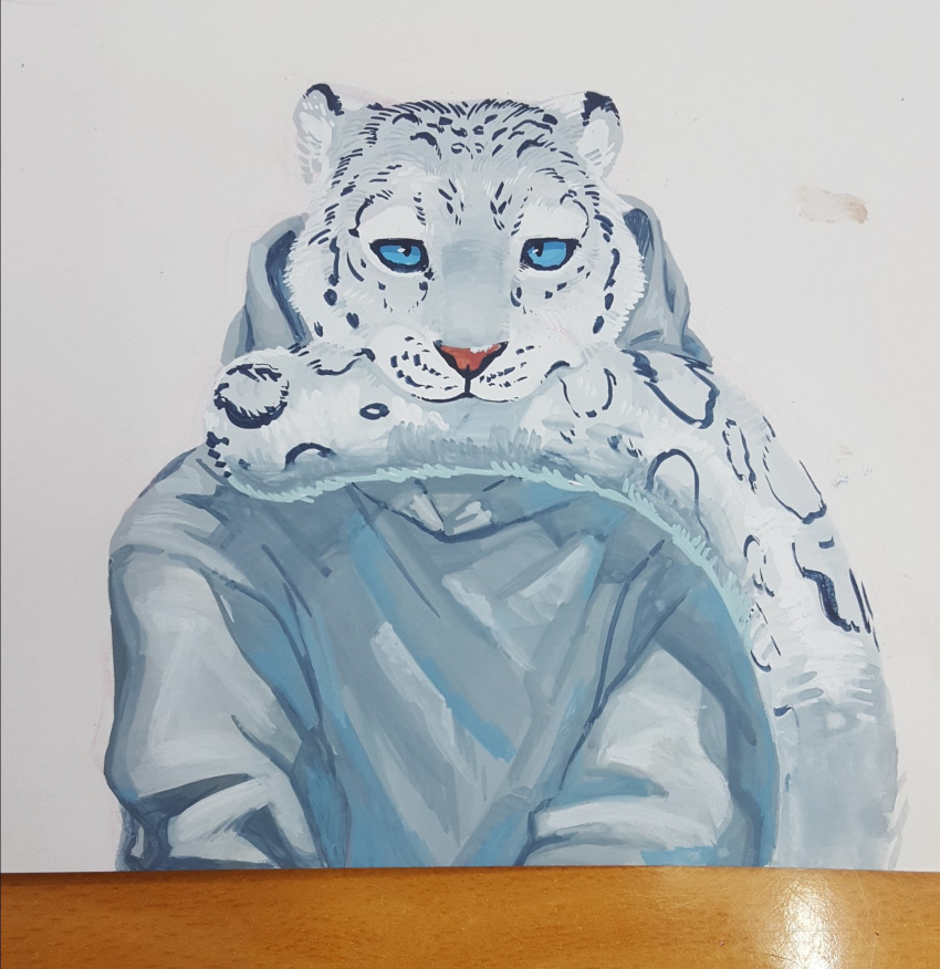 ambiguous_gender anthro blue_eyes chlghkswns clothing cute feline fur hoodie leopard looking_at_viewer mammal nom sitting snow_leopard solo spots table tail_in_mouth tail_nom traditional_media_(artwork) white_fur