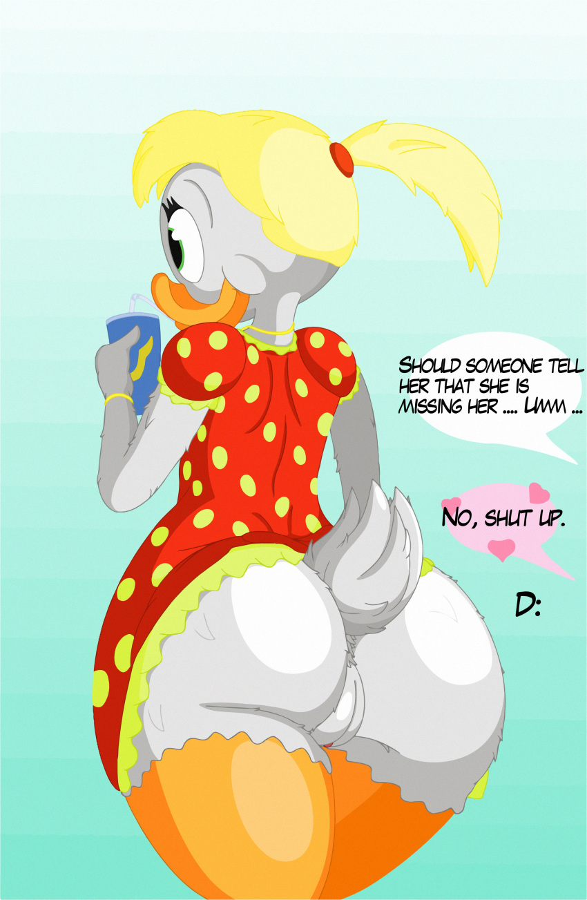 2015 absurd_res anthro avian beak beverage big_butt bird blonde_hair butt clothed clothing dialogue disney dress drinking duck ducktits english_text exposed feathers female gradient_background green_eyes hair hairband hi_res jewelry legs_together may_duck necklace ponytail pussy short_dress short_hair simple_background solo speech_bubble standing tail_feathers text white_feathers