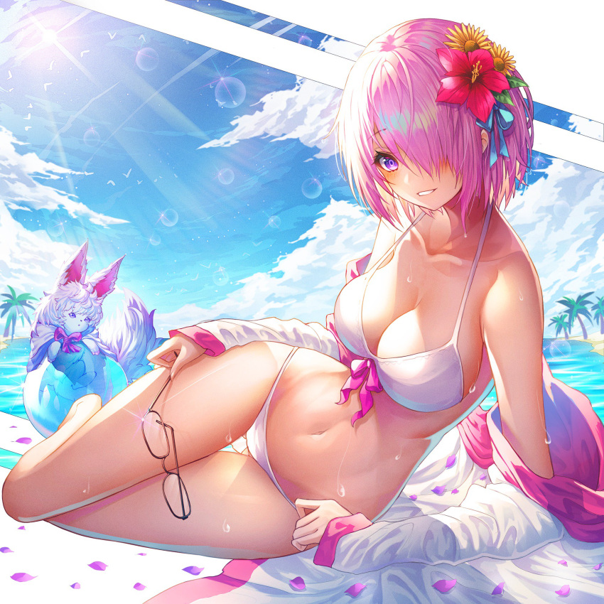bare_shoulders bikini bird blue_ribbon blue_sky blush breasts cleavage collarbone commentary creature day english_commentary fate/grand_order fate_(series) flower fou_(fate/grand_order) glasses hair_flower hair_ornament hair_over_one_eye hair_ribbon highres holding holding_eyewear large_breasts lavender_hair looking_at_viewer lying mash_kyrielight ocean okazu_(eightstudio) on_side outdoors palm_tree petals pink_hair purple_eyes ribbon shiny short_hair sky smile sun sunlight swimsuit tree water water_drop white_bikini