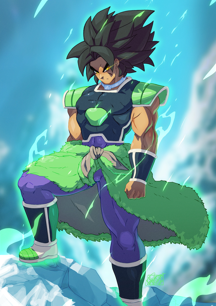 angry armor armored_boots arms_at_sides aura bare_arms black_hair boots breastplate broly_(dragon_ball_super) bulge chest choker clenched_hand closed_mouth commentary day dragon_ball dragon_ball_super dragon_ball_super_broly english_commentary glowing glowing_eyes highres light_trail long_hair looking_at_viewer male_focus muscle outdoors pointy_hair redesign scar shoulder_armor signature skin_tight solo spaulders standing thick_eyebrows tovio_rogers v-shaped_eyebrows vambraces yellow_eyes
