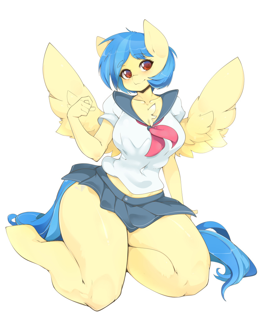 anthro blue_hair breasts brown_eyes chest_tuft clothing cutie_mark equine fan_character feathered_wings feathers female hair hi_res kneeling looking_at_viewer mammal multicolored_hair my_little_pony pegasus sailor_uniform school_uniform silvia_windmane skirt slugbox solo thick_thighs tuft two_tone_hair uniform voluptuous wide_hips wings