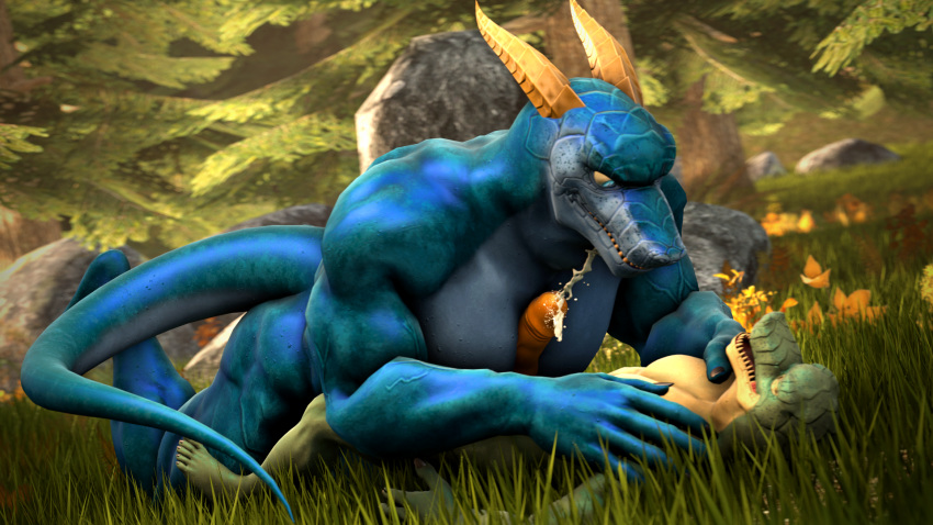 3d_(artwork) 5_fingers abs anthro anthrofied blue_eyes blue_scales cum cumshot digital_media_(artwork) ejaculation embrace eyes_closed forest fox_whisper85 grass green_scales horn larger_male lizard male male/male muscular muscular_male orgasm pecjob penis reptile scales scalie sex size_difference smaller_male source_filmmaker teeth tree