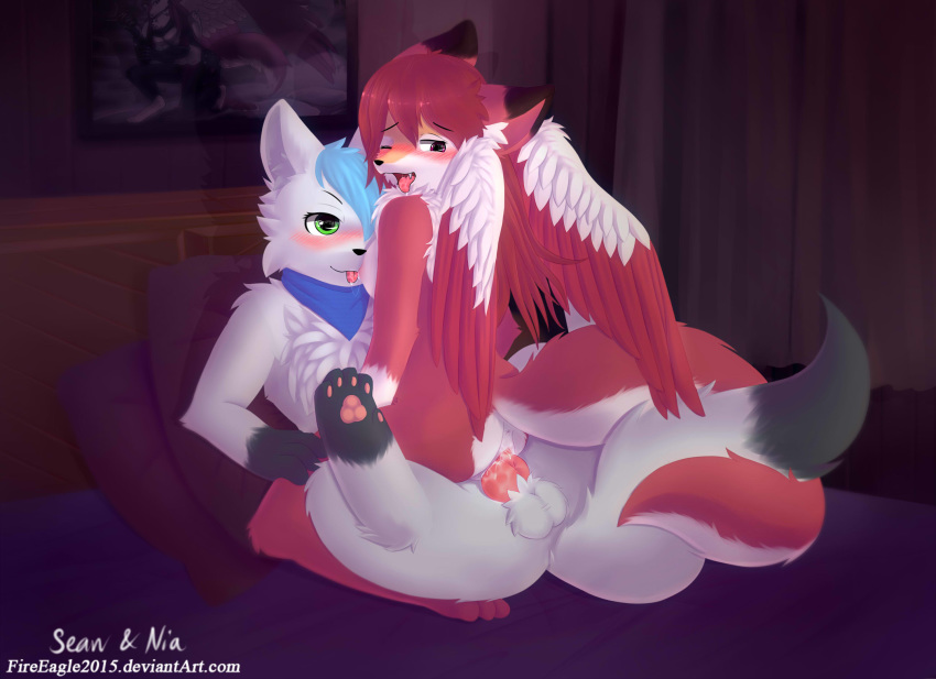 &lt;3 2018 anthro bed blush breasts canine cowgirl_(disambiguation) cute fangs female fox hair licking male mammal night painting photo pillow riding scarf senz tongue tongue_out wings wolf