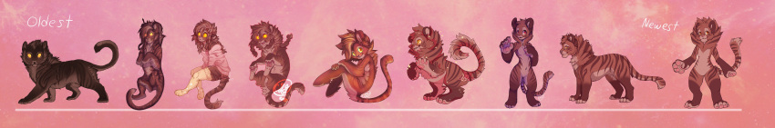 absurd_res anthro brown_fur clothed clothing evaatira evolution feline female feral fur gerce glowing glowing_eyes hi_res mammal nude pink_background simple_background star tiger yellow_eyes