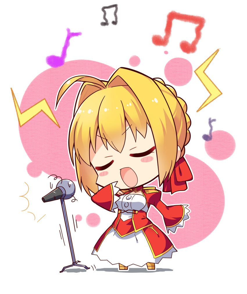 1girl absurdres ahoge blonde_hair blush_stickers chibi closed_eyes epaulettes eyebrows_visible_through_hair fate/extra fate_(series) full_body highres long_sleeves microphone microphone_stand music musical_note nero_claudius_(fate) nero_claudius_(fate)_(all) open_mouth short_hair singing solo standing subaru_(794829485) white_background
