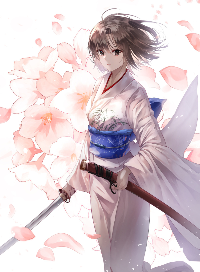 bangs black_ribbon brown_eyes brown_hair cherry_blossoms closed_mouth expressionless eyebrows_visible_through_hair floating_hair floral_background floral_print glint hair_between_eyes highres holding holding_sheath holding_sword holding_weapon japanese_clothes kara_no_kyoukai katana kimono limit_x long_sleeves looking_at_viewer obi petals print_kimono print_obi ribbon ryougi_shiki sash scabbard sheath shiny shiny_hair short_hair solo standing sword unsheathed weapon white_background wide_sleeves wind
