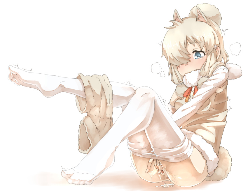alpaca_ears alpaca_suri_(kemono_friends) alpaca_tail animal_ears anus blonde_hair blue_eyes breast_pocket closed_mouth commentary_request dripping extra_ears eyebrows_visible_through_hair feet fingering from_side full_body fur-trimmed_sleeves fur_scarf fur_trim hair_over_one_eye hand_on_own_chest hand_up highres horizontal_pupils kemono_friends knees_up leg_lift long_sleeves looking_down masturbation medium_hair neck_ribbon no_panties pantyhose pantyhose_pull pocket pussy pussy_juice ribbon scarf shirt shorts shorts_around_one_leg simple_background sitting soles solo sweater_vest tail tearing_up thin_(suzuneya) toes trembling white_background white_legwear white_shirt
