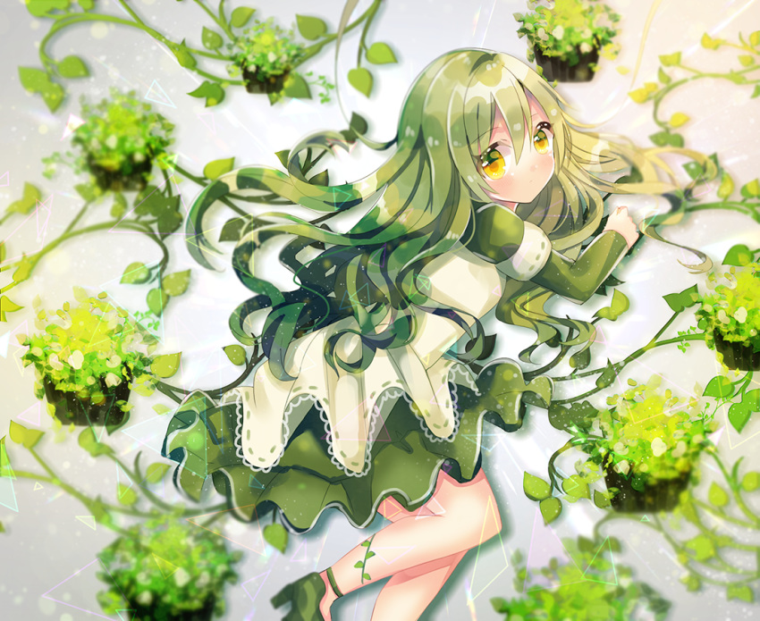 bangs blush closed_mouth commentary_request dress eyebrows_visible_through_hair from_above green_footwear green_hair hair_between_eyes high_heels kohaku_muro long_hair long_sleeves looking_at_viewer looking_to_the_side looking_up lying on_side original plant shoes solo very_long_hair white_dress yellow_eyes