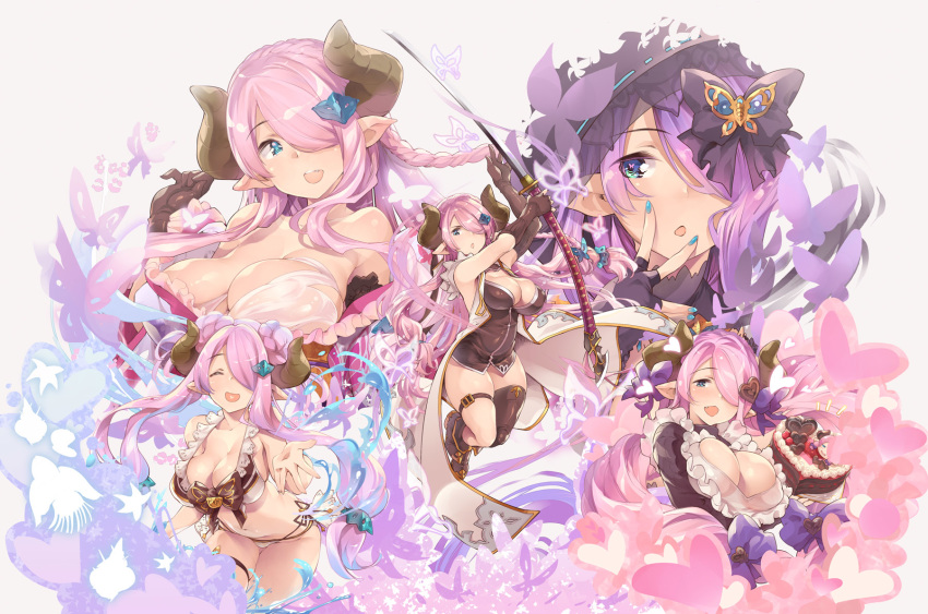 :d apron arm_up bikini bird black_gloves blue_eyes blue_nails boots bow braid breasts brown_footwear brown_gloves bug butterfly butterfly_hair_ornament cake closed_eyes collarbone double_bun draph eyebrows_visible_through_hair fingerless_gloves food frilled_apron frills gloves granblue_fantasy hair_ornament hair_over_one_eye head_tilt heart heart_in_mouth highres holding holding_sword holding_weapon hood horns insect katana large_breasts lavender_hair leaning_forward legs_up long_hair looking_at_viewer multiple_views nail_polish narmaya_(granblue_fantasy) navel open_mouth parted_lips pink_hair pointy_ears purple_bow silhouette single_braid single_thighhigh smile swimsuit sword thighhighs thomasz very_long_hair weapon white_background