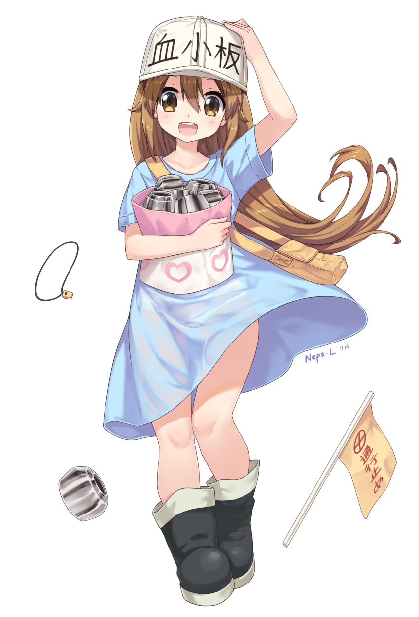:d absurdres arm_up artist_name bag baseball_cap blue_dress boots brown_eyes brown_hair chinese_commentary clothes_writing commentary_request dated dress flag full_body hair_between_eyes hand_on_headwear hat hataraku_saibou heart highres holding holding_bag long_hair looking_at_viewer neps-l open_mouth panties platelet_(hataraku_saibou) round_teeth see-through see-through_silhouette short_sleeves shoulder_bag simple_background smile solo standing tareme teeth translation_request underwear whistle white_background white_hat wind wind_lift