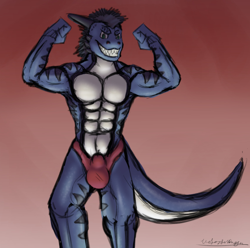 abs anthro clothing danza_(character) dragon horn male muscular scales solo teeth thejoyfuldragon underwear