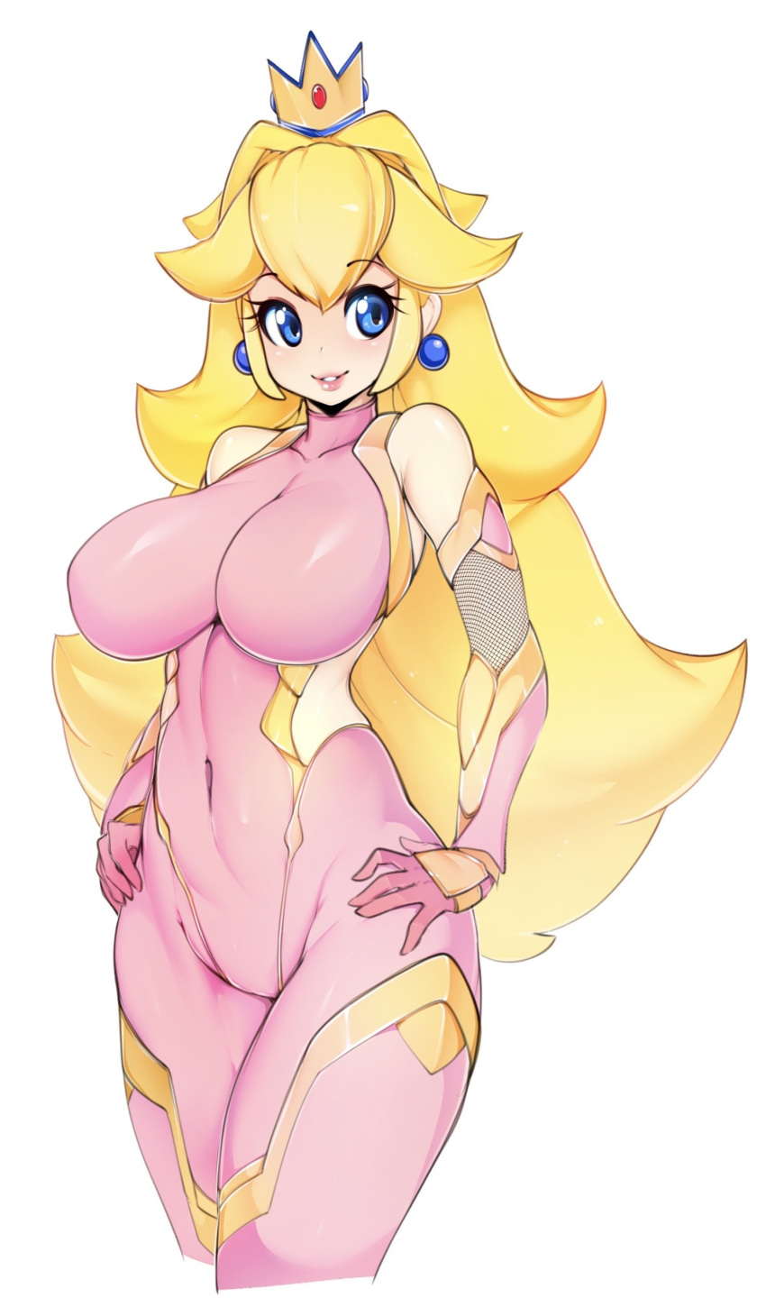 absurdres bad_id bad_twitter_id bare_shoulders blonde_hair blush bodysuit breasts cosplay covered_navel crown earrings elbow_gloves fishnets gloves hand_on_hip highres jewelry large_breasts legs_together lips long_hair looking_to_the_side mario_(series) parted_lips pink_bodysuit princess_peach shiny shiny_clothes shiny_hair shiny_skin simple_background skin_tight slugbox solo standing super_mario_bros. taimanin_(series) taimanin_asagi taimanin_suit teeth white_background