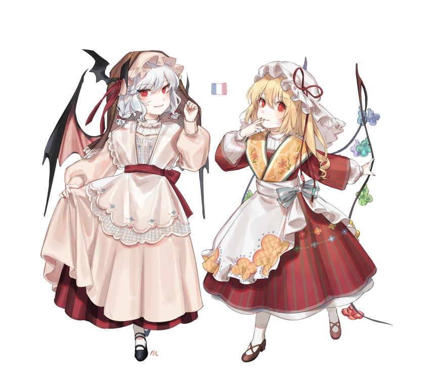 :p absurdres alternate_costume apron bat_hair_ornament bat_wings black_footwear blonde_hair blue_bow blue_hair bow braid commentary cross-laced_footwear dress english_commentary eyebrows_visible_through_hair fangs fingernails fingers_to_mouth flandre_scarlet floral_print french_flag full_body hair_between_eyes hair_ornament hair_ribbon hand_up hat hat_ribbon highres long_hair long_sleeves mary_janes mob_cap multiple_girls nail_polish one_side_up parted_lips pleated_skirt puffy_sleeves red_dress red_eyes red_footwear red_nails red_ribbon red_sash red_skirt remilia_scarlet ribbon sash shan sharp_fingernails shoes siblings simple_background sisters skirt skirt_hold slit_pupils smile standing striped striped_bow tongue tongue_out touhou twin_braids veil vertical-striped_dress vertical_stripes waist_apron white_apron white_background white_bow white_dress white_hat white_legwear wide_sleeves wings