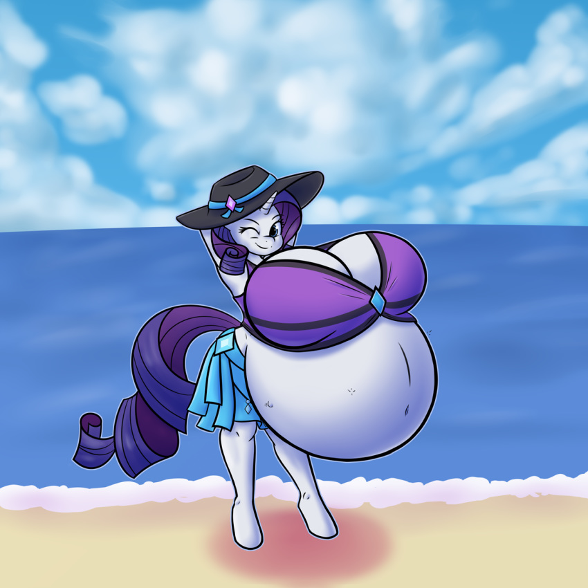 anthro beach big_breasts breasts clothed clothing female forfun41 friendship_is_magic hat huge_breasts hyper hyper_breasts hyper_pregnancy my_little_pony one_eye_closed pregnant rarity_(mlp) seaside skirt wink