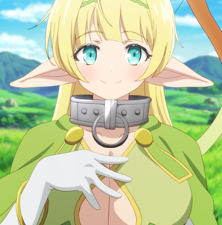 1girl aqua_eyes blonde_hair breasts cleavage cloud collar collarbone elf eyebrows_visible_through_hair female gloves huge_breasts isekai_maou_to_shoukan_shoujo_dorei_majutsu long_hair looking_at_viewer outdoors pointy_ears portrait screencap shera_l_greenwood sky smile solo stitched third-party_edit upper_body weapon white_gloves