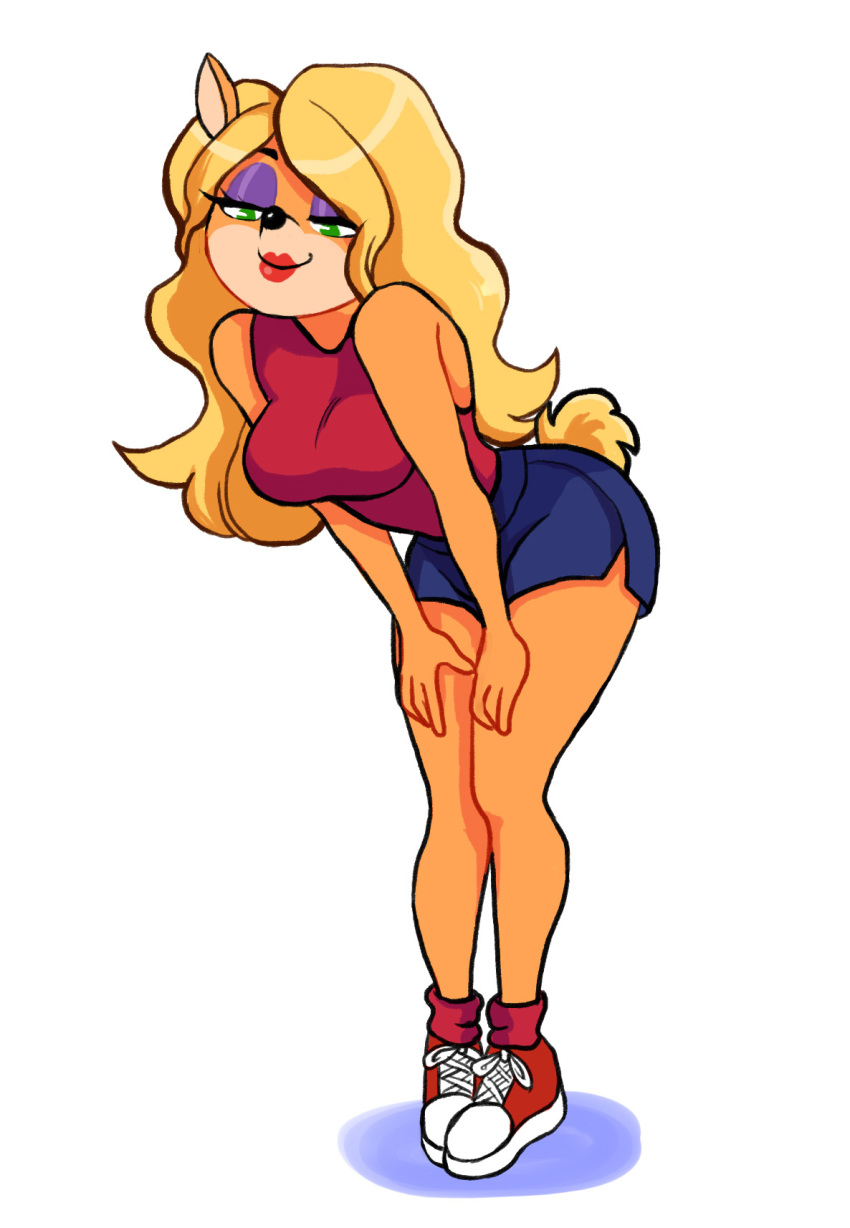 2016 anthro bandicoot bent_over biped black_nose blonde_hair breasts clothed clothing crash_bandicoot_(series) digital_media_(artwork) eyebrows eyelashes eyeshadow female footwear full-length_portrait fur green_eyes hair half-closed_eyes hands_on_thigh hi_res lidded_eyes lips lom678 long_hair looking_at_viewer makeup mammal marsupial portrait red_lips seductive shoes shorts simple_background smile sneakers solo standing tawna_bandicoot video_games white_background