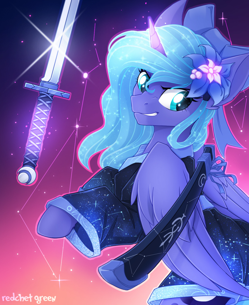 2018 blue_feathers blue_hair clenched_teeth clothed clothing cutie_mark equine eyelashes feathered_wings feathers female feral flower flower_in_hair friendship_is_magic glowing_horn gradient_background hair hair_bow hair_ribbon hi_res holding_object holding_weapon hooves horn japanese_clothing katana kimono levitation magic mammal melee_weapon my_little_pony plant portrait princess_luna_(mlp) redchetgreen ribbons scabbard simple_background solo sword teal_eyes teeth weapon winged_unicorn wings