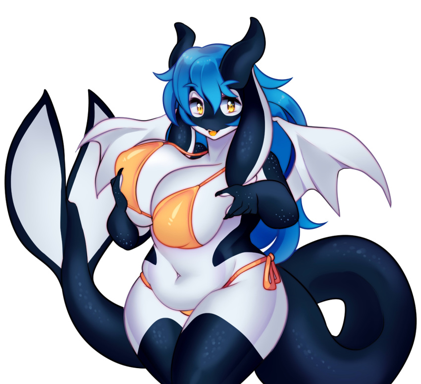 2018 anthro aquarius_(scalier) belly big_breasts big_thighs bikini blue_hair breasts cetacean clothing dragon female hair hand_on_breast horn huge_breasts hybrid looking_at_viewer mammal marine nipples open_mouth orca overweight raikissu solo swimsuit teeth tongue whale wide_hips wings