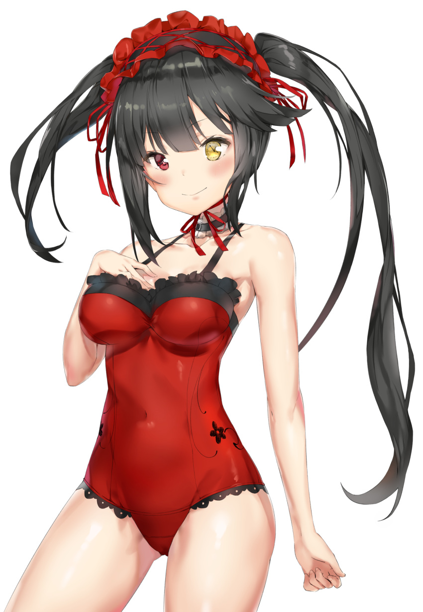 absurdres adapted_costume black_hair breasts casual_one-piece_swimsuit choker clock_eyes cowboy_shot date_a_live frilled_swimsuit frills gothic_lolita hairband heterochromia highres lolita_fashion lolita_hairband looking_at_viewer medium_breasts one-piece_swimsuit pixel_(yuxian) red_eyes red_swimsuit simple_background smile solo swimsuit symbol-shaped_pupils tokisaki_kurumi twintails white_background yellow_eyes