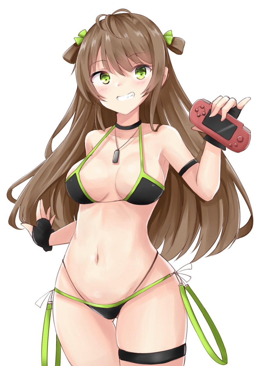 absurdres ass_visible_through_thighs bare_shoulders bikini black_bikini black_choker black_gloves blush breasts brown_hair choker collarbone cowboy_shot fingerless_gloves girls_frontline gloves green_eyes green_ribbon grin hair_ribbon hakuya_(white_night) hand_up handheld_game_console highres holding long_hair looking_at_viewer medium_breasts navel rfb_(girls_frontline) ribbon side-tie_bikini smile solo swimsuit thigh_gap transparent_background two_side_up very_long_hair