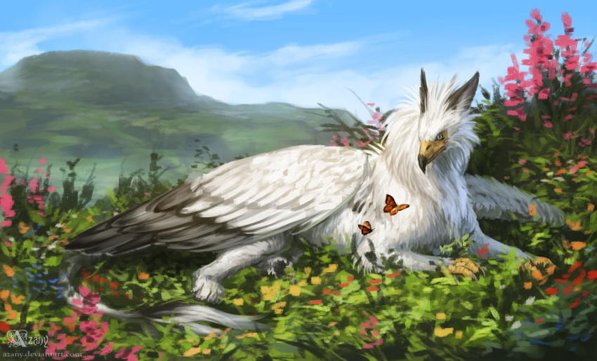 2018 avian azany beak day detailed_background digital_media_(artwork) feathered_wings feathers feral fur gryphon lying outside sky solo white_feathers white_fur wings