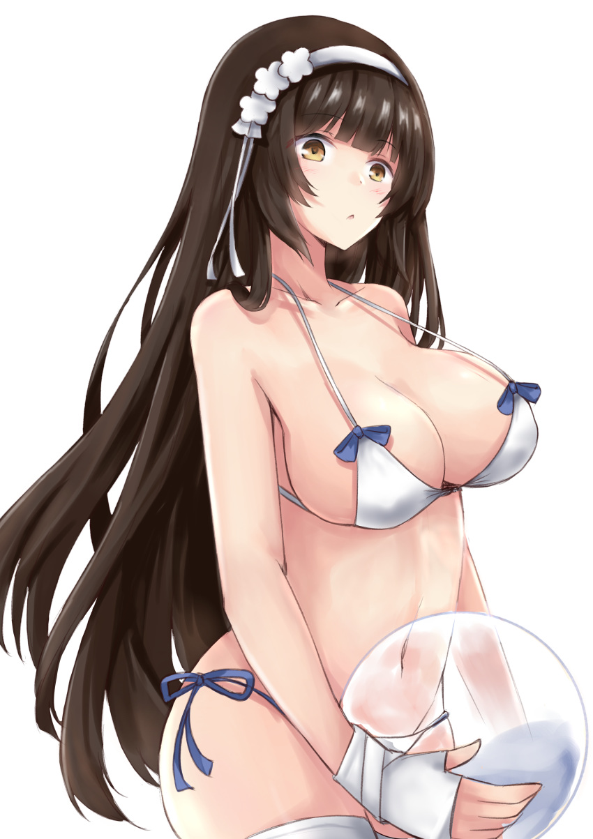 absurdres alternate_costume ball bangs beachball bikini black_hair blush bow_bikini breasts cleavage collarbone covered_nipples cowboy_shot fingerless_gloves flower girls_frontline gloves hair_flower hair_ornament hairband hakuya_(white_night) highres holding_beachball large_breasts long_hair looking_away navel open_mouth qbz-95_(girls_frontline) side-tie_bikini skindentation solo stomach swimsuit thighhighs thighs transparent_background white_bikini white_legwear yellow_eyes