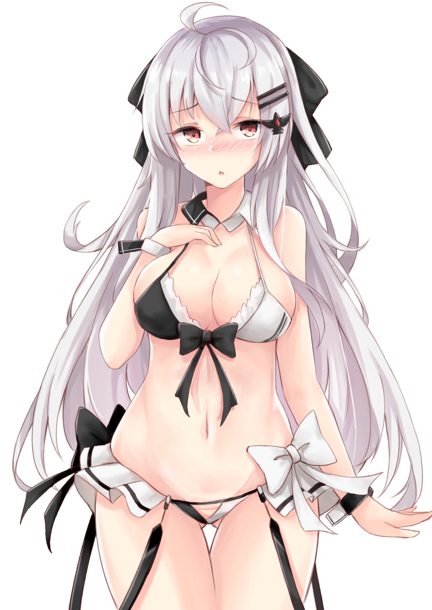 absurdres ahoge alternate_costume bangs bikini bikini_skirt black_bow blush bow bow_bikini breasts collar covered_nipples cowboy_shot crossed_bangs embarrassed eyebrows_visible_through_hair girls_frontline groin hair_between_eyes hair_ornament hair_ribbon hairclip hakuya_(white_night) hand_on_own_chest highres iws-2000_(girls_frontline) large_breasts long_hair looking_at_viewer micro_bikini navel open_mouth red_eyes ribbon sidelocks silver_hair skindentation solo stomach swimsuit thighs transparent_background wristband