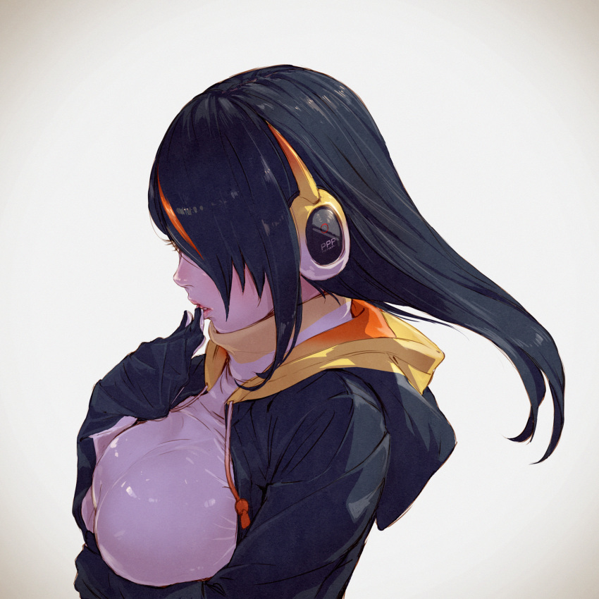 arm_under_breasts black_hair black_jacket breast_hold breasts earmuffs emperor_penguin_(kemono_friends) eyelashes finger_to_mouth from_side hair_over_one_eye hand_up highres hood hood_down hooded_jacket jacket kemono_friends large_breasts lips long_hair md5_mismatch multicolored_hair nose open_clothes open_jacket open_mouth orange_hair profile realistic solo straight_hair streaked_hair takami_masahiro turtleneck two-tone_hair upper_body