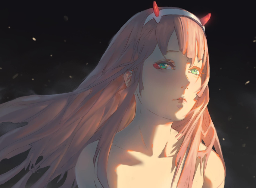 bangs bare_shoulders black_background closed_mouth collarbone darling_in_the_franxx eyeliner face floating_hair green_eyes hairband harng1239 head_tilt highres horns lips long_hair looking_at_viewer makeup oni_horns pink_hair portrait simple_background solo white_hairband zero_two_(darling_in_the_franxx)