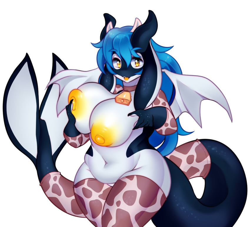 2018 anthro aquarius_(scalier) belly big_breasts big_nipples big_thighs blue_hair breasts cetacean clothing cow_print cowbell dragon female hair hand_on_breast horn huge_breasts hybrid looking_at_viewer mammal marine nipples open_mouth orca overweight puffy_nipples raikissu solo teeth tongue whale wide_hips wings yellow_nipples