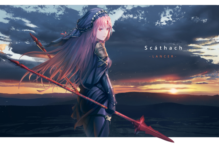 bangs beads bodysuit breasts capelet character_name closed_mouth cloud cowboy_shot dual_wielding english expressionless fate/grand_order fate_(series) floating_hair from_behind gae_bolg gem gloves harng1239 highres holding holding_spear holding_weapon landscape letterboxed long_hair looking_at_viewer looking_back medium_breasts mountainous_horizon outdoors outside_border pink_hair polearm purple_bodysuit purple_capelet purple_gloves red_eyes scathach_(fate)_(all) scathach_(fate/grand_order) shoulder_armor solo spear standing sun sunlight sunset veil weapon wind