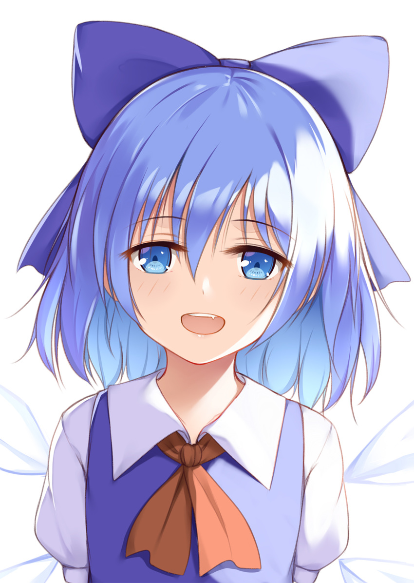 :d blue_bow blue_dress blue_eyes blue_hair blush bow cirno commentary dress eyebrows_visible_through_hair fang flan_(seeyouflan) hair_between_eyes hair_bow highres ice ice_wings looking_at_viewer neck_ribbon open_mouth puffy_short_sleeves puffy_sleeves red_neckwear red_ribbon ribbon short_hair short_sleeves simple_background smile solo touhou upper_body white_background wings